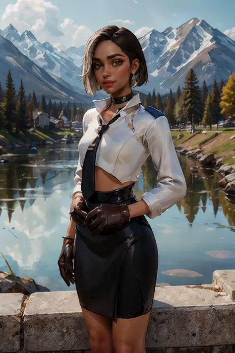xyzantonia, black hair, streaks of white hair, brown eyes, tie, choker, white shirt, long sleeves, pencil skirt, gloves, looking at viewer, smiling, standing, medium shot, outside, lake, island, mountains, high quality, masterpiece, <lora:VRAMsSplatterellaX08:.7>