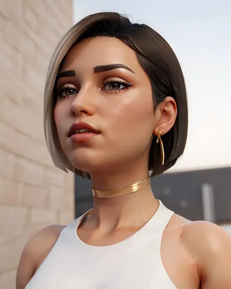 <lora:VRAMsAntonia:0.8>, 1girl, xyzantonia, black hair, makeup, choker, white streak of hair, skirt, white, looking at viewer, 3d render, obscure angle, from below, closeup, earrings, parted lips, gold