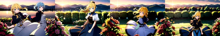 best quality, masterpiece, extremely detailed, detailed background, 1girl, solo, yellow hair, blue eyes, braid, long hair, wavy hair, fluffy hair, ponytail, french braid, blush, smile, capelet, lace trim, bodice, sunset, dusk, scenery, high place, horizon, wind, wind blow, flowerbed, looking at viewer, depth of field, bokeh