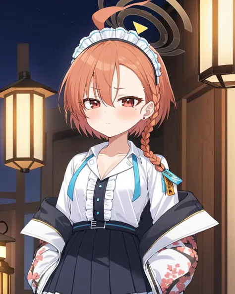 neru \(blue archive\),1girl, korean_text, solo, maid_headdress, halo, ahoge, mole_under_eye, pleated_skirt, lantern, speech_bubble, collarbone, earrings, apron, undone_necktie, black_skirt, single_braid, frills, breasts, open_jacket, white_shirt, blush
<lora:neru_(blue_archive)_image1870_2023-11-28:1>halo. gorgeous,key visual, vibrant, studio anime,award-winning, professional, highly detailed,high budget, cinemascope