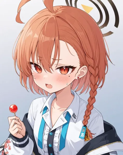 neru \(blue archive\),1girl, halo, mole_under_eye, korean_text, ahoge, solo, jacket, looking_at_viewer, white_shirt, blush, sweatdrop, speech_bubble, single_braid, holding_lollipop, open_mouth, simple_background, upper_body, stud_earrings, collared_shirt, long_sleeves, open_clothes, ear_piercing, off_shoulder
<lora:neru_(blue_archive)_image1870_2023-11-28:1>halo. gorgeous,key visual, vibrant, studio anime,award-winning, professional, highly detailed,high budget, cinemascope