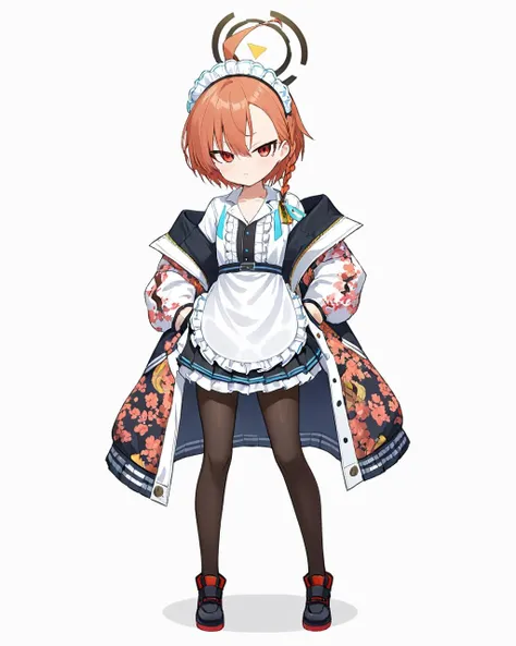 neru \(blue archive\),halo, full_body, 1girl, maid_headdress, solo, white_background, ahoge, shoes, simple_background, braid, black_footwear, white_apron, mole_under_eye, maid, open_jacket, hands_in_pockets, closed_mouth, frilled_apron, looking_at_viewer, pantyhose, standing, long_sleeves, floral_print, off_shoulder, maid_apron, shirt, puffy_sleeves
<lora:neru_(blue_archive)_image1870_2023-11-28:1>halo. gorgeous,key visual, vibrant, studio anime,award-winning, professional, highly detailed,high budget, cinemascope