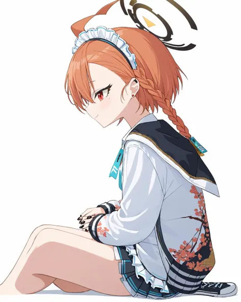 neru \(blue archive\),1girl, solo, halo, jacket, ear_piercing, sitting, white_background, maid_headdress, skirt, simple_background, sneakers, smile, white_shirt, nail_polish, stud_earrings, black_nails, ahoge, braid, mole_under_eye, from_side
<lora:neru_(blue_archive)_image1870_2023-11-28:1>halo. gorgeous,key visual, vibrant, studio anime,award-winning, professional, highly detailed,high budget, cinemascope
