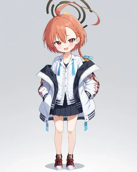 neru \(blue archive\),1girl, solo, halo, full_body, simple_background, white_background, white_shirt, black_skirt, pleated_skirt, open_jacket, collared_shirt, open_mouth, off_shoulder, looking_at_viewer, fang, standing, hands_in_pockets, long_sleeves, blush, sneakers, single_braid, white_jacket, mole_under_eye, smile, huge_ahoge
<lora:neru_(blue_archive)_image1870_2023-11-28:1>halo. gorgeous,key visual, vibrant, studio anime,award-winning, professional, highly detailed,high budget, cinemascope