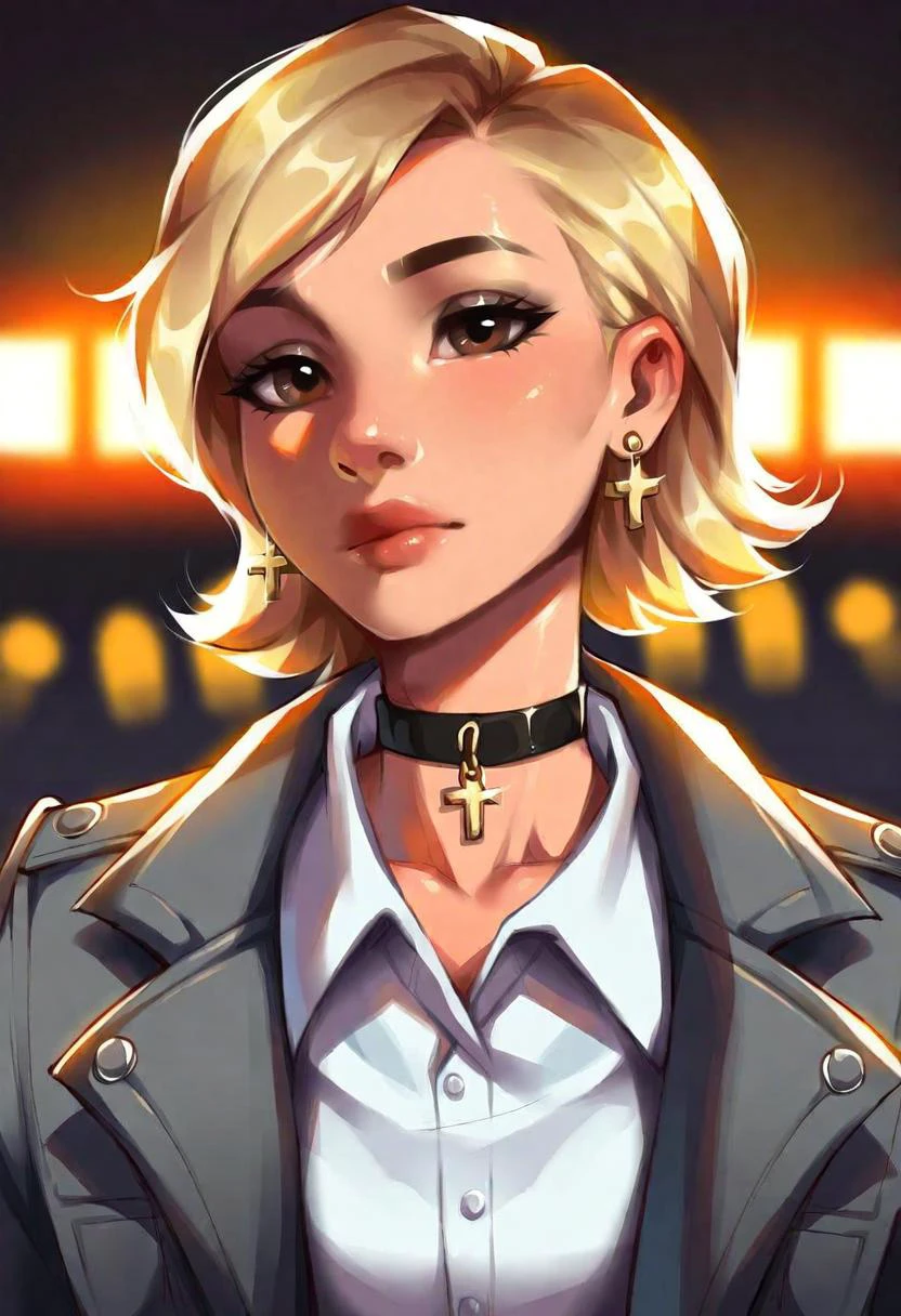 very beautiful and aesthetic, raw photo, realistic, score_9, score_8_up, score_7_up, score_6, score_5, score_4, source_anime, rating_safe, dark theme, 1girl, solo, jewelry, earrings, short hair, necklace, shirt, closed mouth, brown eyes, looking at viewer, white shirt, upper body, portrait, blonde hair, cross, collared shirt, jacket, choker, grey jacket, lips, collar, expressionless, black eyes, evening city street