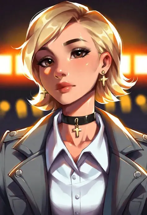 very beautiful and aesthetic, raw photo, realistic, score_9, score_8_up, score_7_up, score_6, score_5, score_4, source_anime, rating_safe, dark theme, 1girl, solo, jewelry, earrings, short hair, necklace, shirt, closed mouth, brown eyes, looking at viewer, white shirt, upper body, portrait, blonde hair, cross, collared shirt, jacket, choker, grey jacket, lips, collar, expressionless, black eyes, evening city street