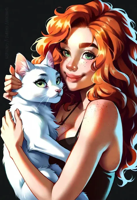 very beautiful and aesthetic, raw photo, realistic, score_9, score_8_up, score_7_up, score_6, score_5, score_4, source_anime, rating_explicit, dark theme, 1girl, solo, freckles, green eyes, cat, long hair, animal, orange hair, looking at viewer, holding animal, holding, upper body, lips, solo, holding cat, black background, closed mouth, hug, smile, bare shoulders, curly hair, eyelashes, animal hug, sidelighting, simple background, wavy hair, artist name, camisole, nose, thick eyebrows, red hair, messy hair, white cat, realistic, bangs, spaghetti strap