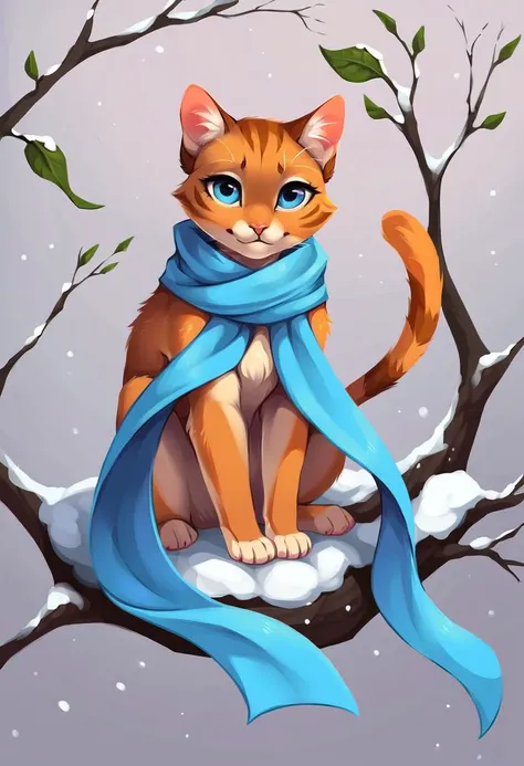 very beautiful and aesthetic, raw photo, realistic, score_9, score_8_up, score_7_up, score_6, score_5, score_4, rating_safe, dark theme, no humans, cat, animal focus, animal, white background, blue eyes, simple background, scarf, leaf, looking at viewer, solo, snow, plant, closed mouth, branch, blue scarf, full body