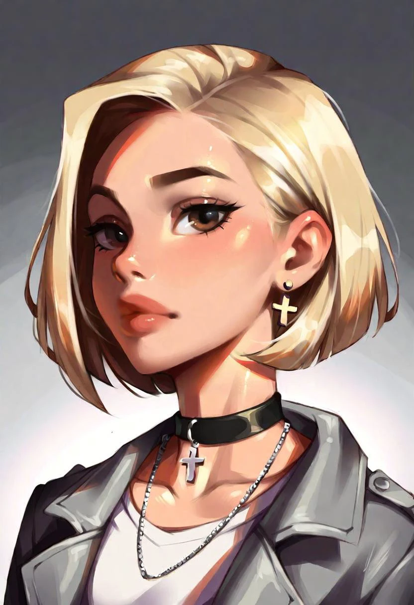 very beautiful and aesthetic, raw photo, realistic, score_9, score_8_up, score_7_up, score_6, score_5, score_4, source_anime, rating_safe, dark theme, 1girl, solo, jewelry, earrings, short hair, necklace, shirt, closed mouth, brown eyes, looking at viewer, white shirt, upper body, portrait, blonde hair, cross, collared shirt, jacket, choker, grey jacket, lips, collar, expressionless, black eyes, evening city street