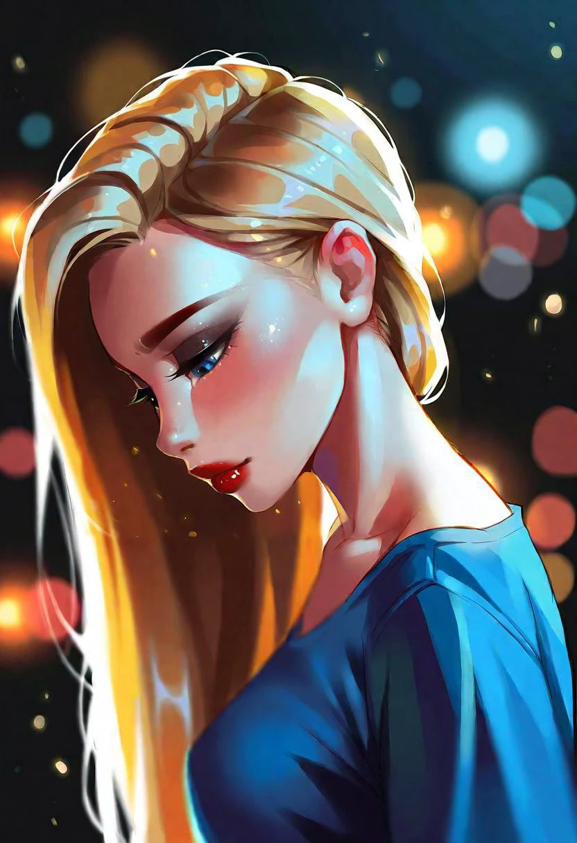 very beautiful and aesthetic, raw photo, realistic, score_9, score_8_up, score_7_up, score_6, score_5, score_4, source_anime, rating_safe, dark theme, 1girl, solo, long hair, blurry, parted lips, blonde hair, depth of field, from side, lips, upper body, blurry background, profile, black eyes, blurry foreground, red lips, bokeh, blue eyes, portrait, half-closed eyes, makeup, looking down, brown hair, shirt, hair behind ear, blue shirt