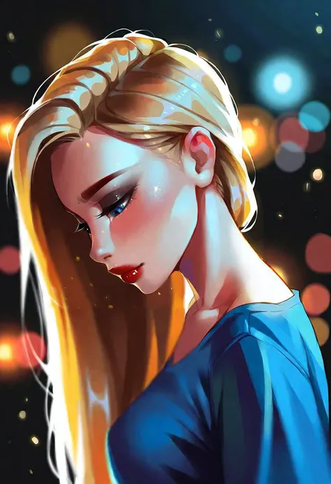 very beautiful and aesthetic, raw photo, realistic, score_9, score_8_up, score_7_up, score_6, score_5, score_4, source_anime, rating_safe, dark theme, 1girl, solo, long hair, blurry, parted lips, blonde hair, depth of field, from side, lips, upper body, blurry background, profile, black eyes, blurry foreground, red lips, bokeh, blue eyes, portrait, half-closed eyes, makeup, looking down, brown hair, shirt, hair behind ear, blue shirt