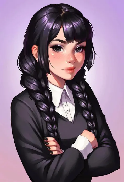 very beautiful and aesthetic, raw photo, realistic, score_9, score_8_up, score_7_up, score_6, score_5, score_4, source_anime, rating_safe, dark theme, 1girl, solo, black hair, dress, braid, crossed arms, twin braids, looking at viewer, black dress, realistic, freckles, black nails, long sleeves, long hair, purple background, black eyes, gradient background, collared dress, nail polish, gradient, bangs, closed mouth, lips, twintails, upper body, simple background, nose, fingernails
