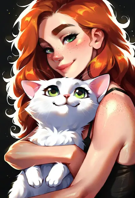 very beautiful and aesthetic, raw photo, realistic, score_9, score_8_up, score_7_up, score_6, score_5, score_4, source_anime, rating_explicit, dark theme, 1girl, solo, freckles, green eyes, cat, long hair, animal, orange hair, looking at viewer, holding animal, holding, upper body, lips, solo, holding cat, black background, closed mouth, hug, smile, bare shoulders, curly hair, eyelashes, animal hug, sidelighting, simple background, wavy hair, artist name, camisole, nose, thick eyebrows, red hair, messy hair, white cat, realistic, bangs, spaghetti strap
