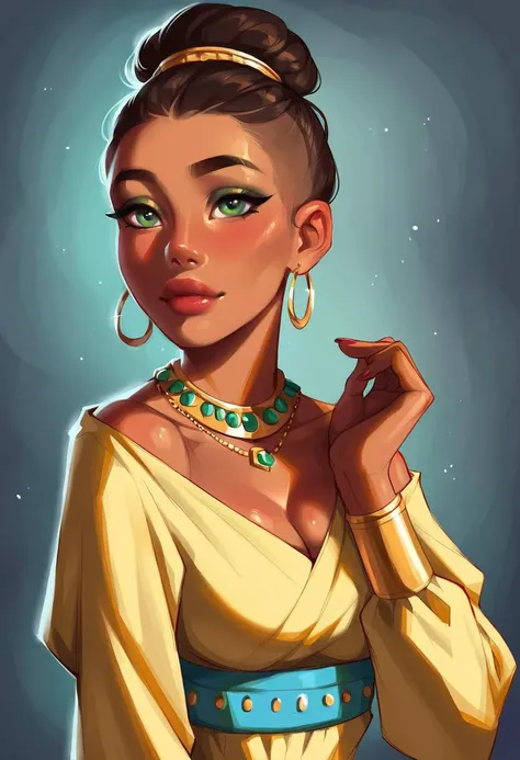 very beautiful and aesthetic, raw photo, realistic, score_9, score_8_up, score_7_up, score_6, score_5, score_4, rating_safe, dark theme, 1girl, A South Asian woman with vibrant emerald green eyes rests her chin on her hand. Her brow arches slightly, conveying a hint of amusement. The sunlight catches a stray auburn henna strand that curls along her cheek. Her full lips are painted a deep berry red, contrasting with the cool tones of her background. Intricate gold jewelry adorns her fingers, peeking out from the folds of her saffron yellow dress.