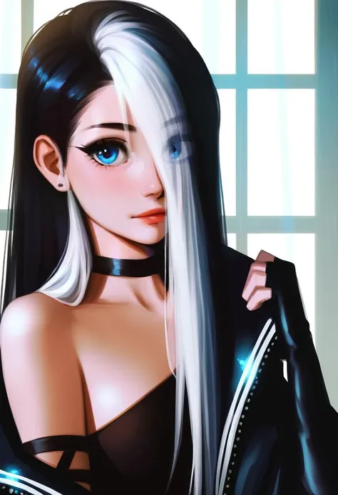 score 9, score 8 up, score 7 up, score 6, score 5, score 4, source anime, safe, absurdres, extremely detailed, very beautiful and aesthetic, beautiful face, perfect hands, realistic, raw photo,
1girl, solo, natural medium perky breasts, very long black hair with white highlights, blue eyes, pale skin, black eyeliner, hair behind ear, hair over one eye, eyes visible through hair,
black choker, black single-shoulder shirt, leather jacket, fingerless elbow gloves,
indoors, nighttime, dim lighting, dark