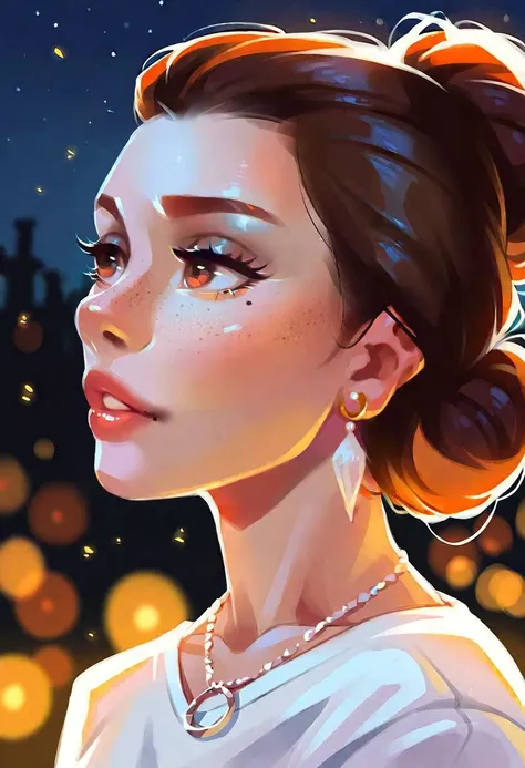 very beautiful and aesthetic, raw photo, realistic, score_9, score_8_up, score_7_up, score_6, score_5, score_4, source_anime, rating_safe, dark theme, 1girl, solo, jewelry, necklace, brown hair, brown eyes, parted lips, long hair, mole, mole under eye, earrings, blurry background, portrait, lips, hair bun, freckles, single hair bun, realistic, sheath, looking to the side, white shirt, shirt, night, looking away, upper body