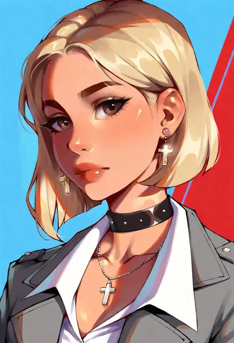 very beautiful and aesthetic, raw photo, realistic, score_9, score_8_up, score_7_up, score_6, score_5, score_4, source_anime, rating_safe, dark theme, 1girl, solo, jewelry, earrings, short hair, necklace, shirt, blue background, closed mouth, brown eyes, looking at viewer, white shirt, upper body, portrait, blonde hair, cross, collared shirt, jacket, choker, grey jacket, lips, collar, expressionless, black eyes, evening city street