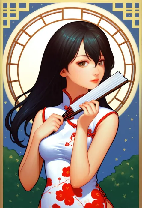 score 9,score 8 up,score 7 up,score 6,questionable,extremely detailed,extremely detailed skin textures,beautiful face,perfect hands,perfect curves,high quality topical render,raw,(realistic:0.6),very aesthetic,anime,
1girl,solo,straight long black hair,hair between eyes,natural medium breasts,
china_dress,holding an opened folding fan up,
portrait,background in the style of art nouveau,dark theme,