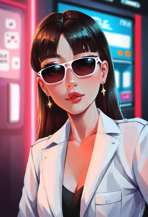 very beautiful and aesthetic, raw photo, realistic, score_9, score_8_up, score_7_up, score_6, score_5, score_4, rating_safe, dark theme, 1girl, High-concept minimalism: Tokyo street scene devoid of clutter, clean lines accentuate a single vending machine. Asian model with a sleek black bob and oversized sunglasses commands attention in a deconstructed white suit. Emotionless gaze directly connects with the viewer.