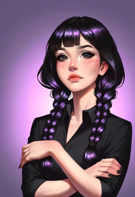 very beautiful and aesthetic, raw photo, realistic, score_9, score_8_up, score_7_up, score_6, score_5, score_4, source_anime, rating_safe, dark theme, 1girl, solo, black hair, dress, braid, crossed arms, twin braids, looking at viewer, black dress, realistic, freckles, black nails, long sleeves, long hair, purple background, black eyes, gradient background, collared dress, nail polish, gradient, bangs, closed mouth, lips, twintails, upper body, simple background, nose, fingernails