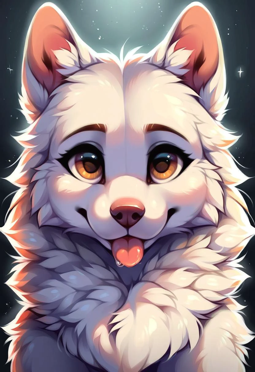 very beautiful and aesthetic, raw photo, realistic, score_9, score_8_up, score_7_up, score_6, score_5, score_4, rating_safe, dark theme, no humans, A fluffy Samoyed pup fills the frame, its thick white fur catching the light with a soft glow. One floppy ear flops forward, partially obscuring a soulful brown eye gazing curiously into the distance. The other ear perks up, hinting at a playful energy just beneath the surface. Delicate pink highlights the tongue peeking out from behind a black, wet nose.