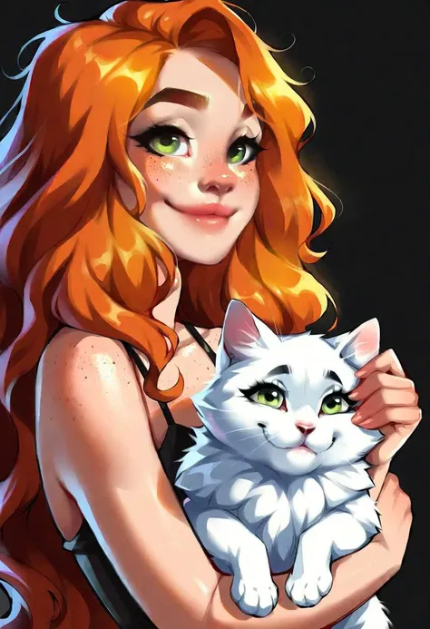 very beautiful and aesthetic, raw photo, realistic, score_9, score_8_up, score_7_up, score_6, score_5, score_4, source_anime, rating_explicit, dark theme, 1girl, solo, freckles, green eyes, cat, long hair, animal, orange hair, looking at viewer, holding animal, holding, upper body, lips, solo, holding cat, black background, closed mouth, hug, smile, bare shoulders, curly hair, eyelashes, animal hug, sidelighting, simple background, wavy hair, artist name, camisole, nose, thick eyebrows, red hair, messy hair, white cat, realistic, bangs, spaghetti strap