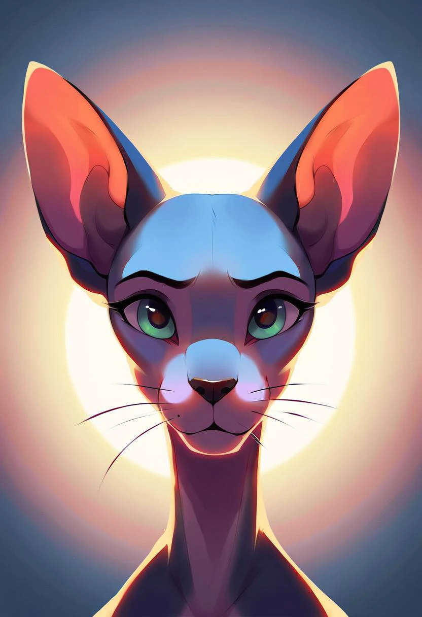 very beautiful and aesthetic, raw photo, realistic, score_9, score_8_up, score_7_up, score_6, score_5, score_4, rating_safe, dark theme, no humans, A wide-eyed Sphynx cat stares directly at the viewer, its hairless skin rendered in soft grays with subtle pinks on the muzzle and ears. Wispy white whiskers twitch playfully, and a single drop of condensed breath hangs impossibly long from the tip of its black nose. The background fades away in a flurry of loose brushstrokes, tinged with a cool lavender that accentuates the warmth of the cat's gaze.