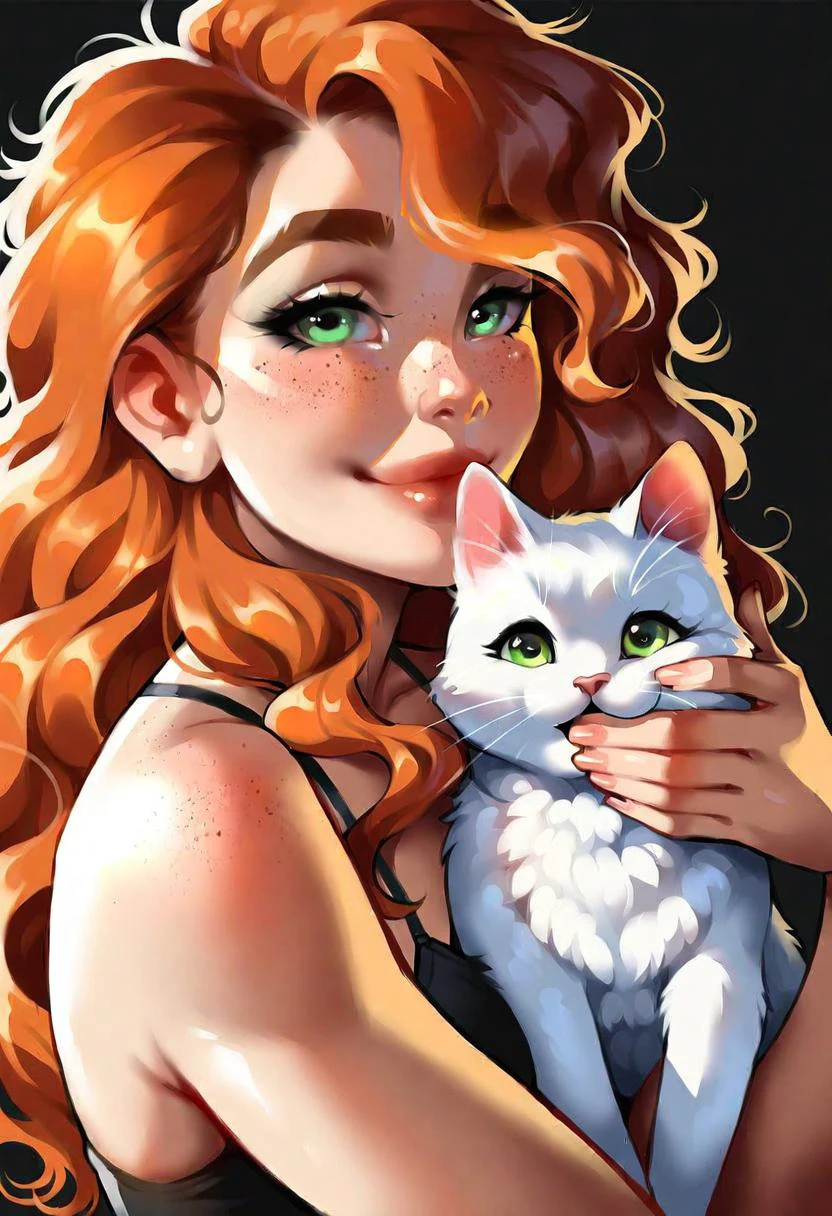 very beautiful and aesthetic, raw photo, realistic, score_9, score_8_up, score_7_up, score_6, score_5, score_4, source_anime, rating_explicit, dark theme, 1girl, solo, freckles, green eyes, cat, long hair, animal, orange hair, looking at viewer, holding animal, holding, upper body, lips, solo, holding cat, black background, closed mouth, hug, smile, bare shoulders, curly hair, eyelashes, animal hug, sidelighting, simple background, wavy hair, artist name, camisole, nose, thick eyebrows, red hair, messy hair, white cat, realistic, bangs, spaghetti strap