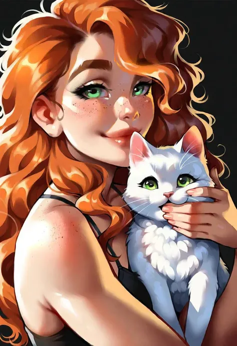 very beautiful and aesthetic, raw photo, realistic, score_9, score_8_up, score_7_up, score_6, score_5, score_4, source_anime, rating_explicit, dark theme, 1girl, solo, freckles, green eyes, cat, long hair, animal, orange hair, looking at viewer, holding animal, holding, upper body, lips, solo, holding cat, black background, closed mouth, hug, smile, bare shoulders, curly hair, eyelashes, animal hug, sidelighting, simple background, wavy hair, artist name, camisole, nose, thick eyebrows, red hair, messy hair, white cat, realistic, bangs, spaghetti strap