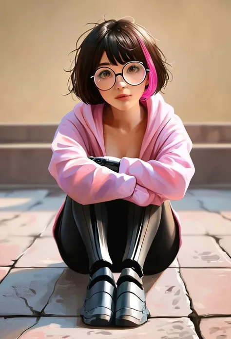 score_9, score_8_up, score_7_up, score_6, score_5, score_4, source_anime, safe, extremely detailed, very beautiful and aesthetic, beautiful face, perfect hands, perfect curves, realistic, raw photo,
1girl, 21yo, solo, natural medium breasts, short multicolored hair, brown hair, pink highlights, messy bob cut, teardrop-framed round glasses, (black mechanical arms:1.2), (black mechanical legs:1.2), brown eyes,
pink camo long sleeve hoodie, black biker shorts,
sitting, knees up, outdoors