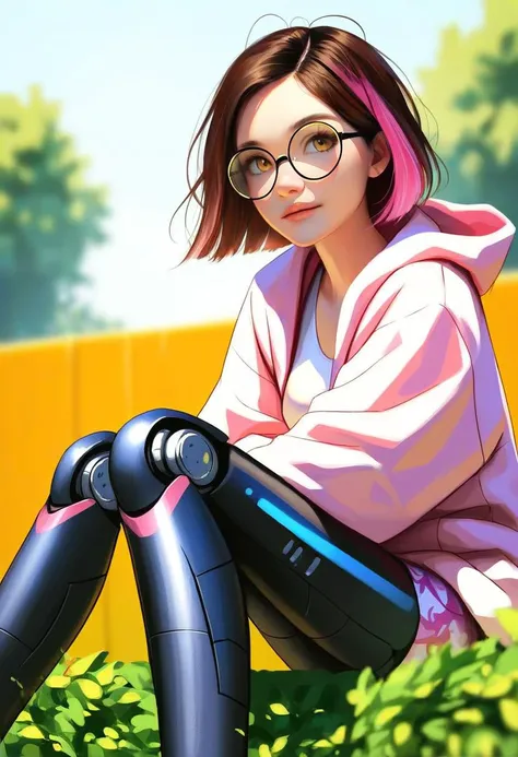 score_9, score_8_up, score_7_up, score_6, score_5, score_4, source_anime, safe, extremely detailed, very beautiful and aesthetic, beautiful face, perfect hands, perfect curves, realistic, raw photo,
1girl, 21yo, solo, natural medium breasts, short multicolored hair, brown hair, pink highlights, messy bob cut, teardrop-framed round glasses, (black mechanical arms:1.2), (black mechanical legs:1.2), golden eyes,
pink camo long sleeve hoodie, black biker shorts,
sitting, knees up, outdoors