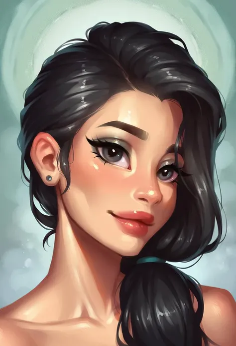 very beautiful and aesthetic, raw photo, realistic, score_9, score_8_up, score_7_up, score_6, score_5, score_4, rating_safe, dark theme, 1girl, A South Asian woman with long, flowing black hair smiles shyly at the viewer. Her dark eyes are downcast, their lashes casting delicate shadows on her high cheekbones. A single strand of hair curls around her rose-colored lips, hinting at a playful personality. The background is a soft peach, accented with shimmering gold flecks that echo the warmth of her smile.