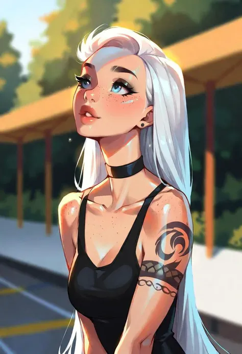very beautiful and aesthetic, raw photo, realistic, score_9, score_8_up, score_7_up, score_6, score_5, score_4, source_anime, rating_safe, dark theme, 1girl, choker, long hair, tattoo, blue eyes, white hair, solo focus, black choker, dress, blurry background, black dress, jewelry, arm tattoo, bracelet, lips, parted lips, freckles, bare shoulders, breasts, upper body, sleeveless, depth of field, outdoors, tank top, collarbone, gothic, solo, small breasts,