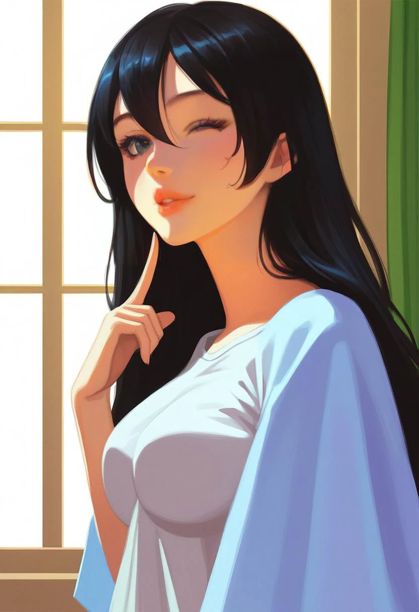 score 9,score 8 up,score 7 up,score 6,questionable,extremely detailed,extremely detailed skin textures,beautiful face,perfect hands,perfect curves,high quality topical render,raw,(realistic:0.6),very aesthetic,anime,
1girl,solo,straight long black hair,hair between eyes,natural medium breasts,
oversized shirt,
pursed lips,finger pointing to her mouth,winking,
portrait,bust,wide shot,indoors,