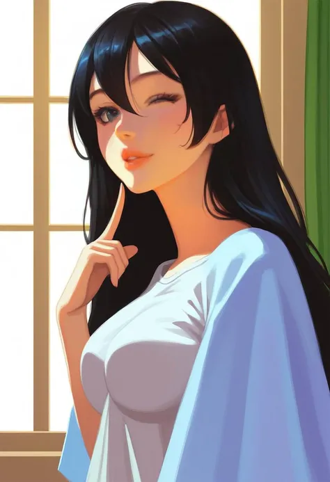 score 9,score 8 up,score 7 up,score 6,questionable,extremely detailed,extremely detailed skin textures,beautiful face,perfect hands,perfect curves,high quality topical render,raw,(realistic:0.6),very aesthetic,anime,
1girl,solo,straight long black hair,hair between eyes,natural medium breasts,
oversized shirt,
pursed lips,finger pointing to her mouth,winking,
portrait,bust,wide shot,indoors,