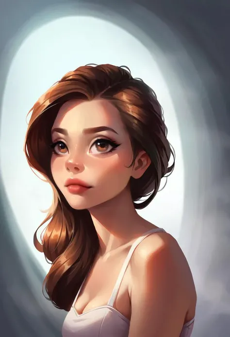 very beautiful and aesthetic, raw photo, realistic, score_9, score_8_up, score_7_up, score_6, score_5, score_4, rating_safe, dark theme, 1girl, A woman with shoulder-length, dark brown hair cascading down her back in loose waves looks up from a book, her eyes filled with dreamy thoughtfulness. Wispy strands of hair curl around her face, framing deep brown eyes that shimmer with unshed tears. The light catches a single teardrop clinging to her eyelash, its descent momentarily arrested. The soft pink of her cheeks and the hint of a rosebud mouth hint at a hidden vulnerability beneath her contemplative gaze.