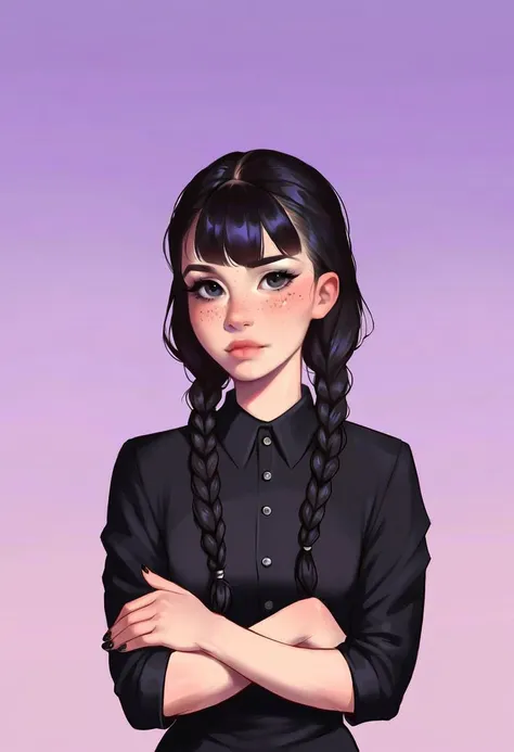 very beautiful and aesthetic, raw photo, realistic, score_9, score_8_up, score_7_up, score_6, score_5, score_4, source_anime, rating_safe, dark theme, 1girl, solo, black hair, dress, braid, crossed arms, twin braids, looking at viewer, black dress, realistic, freckles, black nails, long sleeves, long hair, purple background, black eyes, gradient background, collared dress, nail polish, gradient, bangs, closed mouth, lips, twintails, upper body, simple background, nose, fingernails