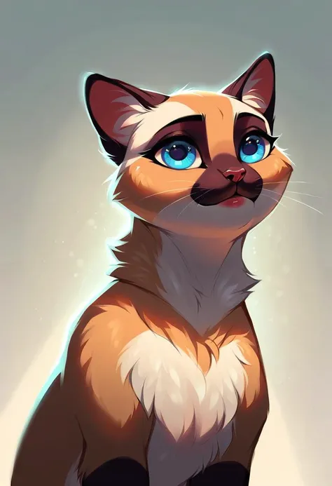 very beautiful and aesthetic, raw photo, realistic, score_9, score_8_up, score_7_up, score_6, score_5, score_4, rating_safe, dark theme, no humans, A mischievous Siamese cat with mesmerizing blue eyes sits perched regally. The bridge of its nose and the tips of its pointed ears are dusted with a warm brown, contrasting with the cool tones of its fur. A hint of a playful smirk graces its pink lips, as if it's plotting something just out of sight. The background is a swirl of soft blues and purples, drawing the focus entirely on the cat's captivating presence.