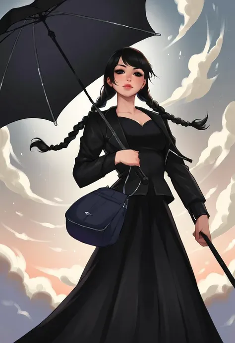 very beautiful and aesthetic, raw photo, realistic, score_9, score_8_up, score_7_up, score_6, score_5, score_4, source_anime, rating_safe, dark theme, 1girl, umbrella, solo, black hair, braid, skirt, black umbrella, twin braids, holding, gothic, holding umbrella, formal, sky, parody, long sleeves, long hair, long skirt, cloud, standing, from below, striped, looking at viewer, dress, lips, suit, black eyes, bangs, realistic, jacket, black theme, black dress