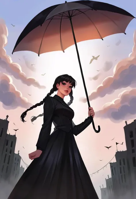 very beautiful and aesthetic, raw photo, realistic, score_9, score_8_up, score_7_up, score_6, score_5, score_4, source_anime, rating_safe, dark theme, 1girl, umbrella, solo, black hair, braid, skirt, black umbrella, twin braids, holding, gothic, holding umbrella, formal, sky, parody, long sleeves, long hair, long skirt, cloud, standing, from below, striped, looking at viewer, dress, lips, suit, black eyes, bangs, realistic, jacket, black theme, black dress