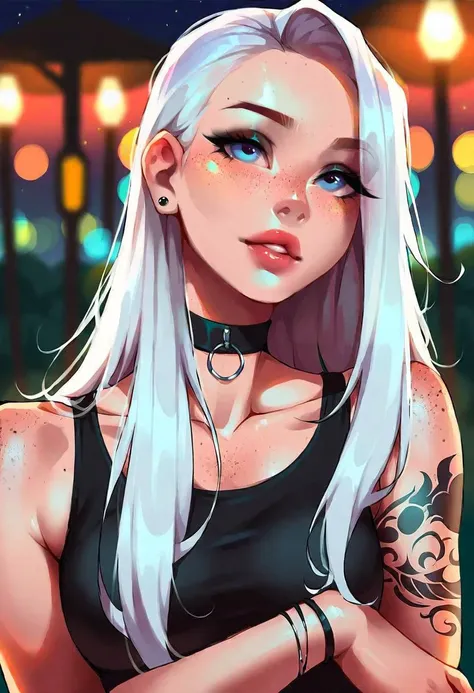 very beautiful and aesthetic, raw photo, realistic, score_9, score_8_up, score_7_up, score_6, score_5, score_4, source_anime, rating_safe, dark theme, 1girl, choker, long hair, tattoo, blue eyes, white hair, solo focus, black choker, dress, blurry background, black dress, jewelry, arm tattoo, bracelet, lips, parted lips, freckles, bare shoulders, breasts, upper body, sleeveless, depth of field, outdoors, tank top, collarbone, gothic, solo, small breasts,