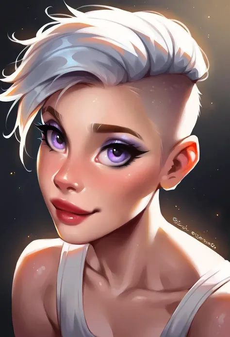 very beautiful and aesthetic, raw photo, realistic, score_9, score_8_up, score_7_up, score_6, score_5, score_4, rating_safe, dark theme, 1girl, A woman with short, silver hair brushed back in a stylish undercut, revealing a strong jawline, gazes serenely out from the portrait. Her eyes, a calming lavender, hold a depth of wisdom and experience. The light catches the intricate silver jewelry adorning her ear, casting a delicate shadow on her cheek. The hint of a knowing smile plays on her lips, suggesting a quiet strength and a lifetime of stories waiting to be told.