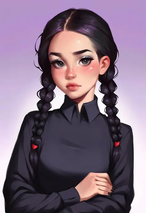 very beautiful and aesthetic, raw photo, realistic, score_9, score_8_up, score_7_up, score_6, score_5, score_4, source_anime, rating_safe, dark theme, 1girl, solo, black hair, dress, braid, crossed arms, twin braids, looking at viewer, black dress, realistic, freckles, black nails, long sleeves, long hair, purple background, black eyes, gradient background, collared dress, nail polish, gradient, bangs, closed mouth, lips, twintails, upper body, simple background, nose, fingernails
