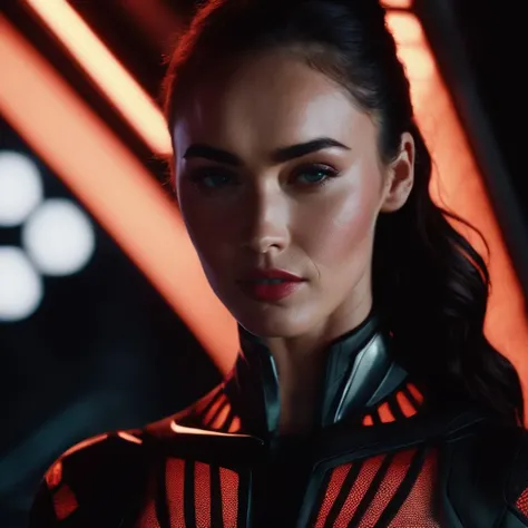 Megan_Fox,<lora:MeganFoXL>portrait of a smiling woman in a ((red and black bodysuit)), futuristic mesh suit, standing on a futuristic bridge, in a spaceship, looking into the camera, upper body, scifi, dark atmosphere, dim light, muted colors,, (masterpiece, best quality, ultra-detailed, best shadow), high contrast, (best illumination), ((cinematic light)), colorful, hyper detail, dramatic light, intricate details, (1 girl, solo) , ultra detailed artistic photography, dreamy, backlit, shadows, ultra high definition, 8k, ultra sharp focus, ultra high quality model, soft lighting, film photography, analogue photography, hyperrealism,, ((sharp face, detailed face, realistic face, naturtal skin, realistic skin, detailed skin, pores, detailed eyes,realistic eyes)),