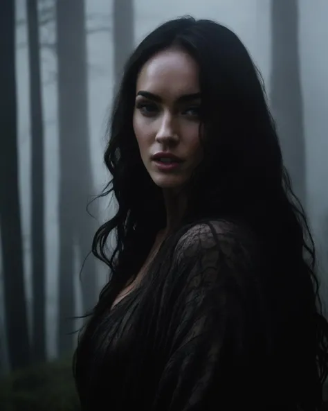Megan_Fox,<lora:MeganFoXL:1>,Portrait, drenched body, mystic woman emerging from thick fog, surrounded by thick fog, covered in fog, pale skin, dark make up, evil grin, dark fantasy, regal, horror atmospere, noir style, very long hair, night, dim backlight, looking at the viewer, subtle back lighting, complex hairstyle, midnight ,((muted colors, windy ,thick fog in background)),, ((sharp face, detailed face, realistic face, naturtal skin, realistic skin, detailed skin, pores, detailed eyes,realistic eyes)),