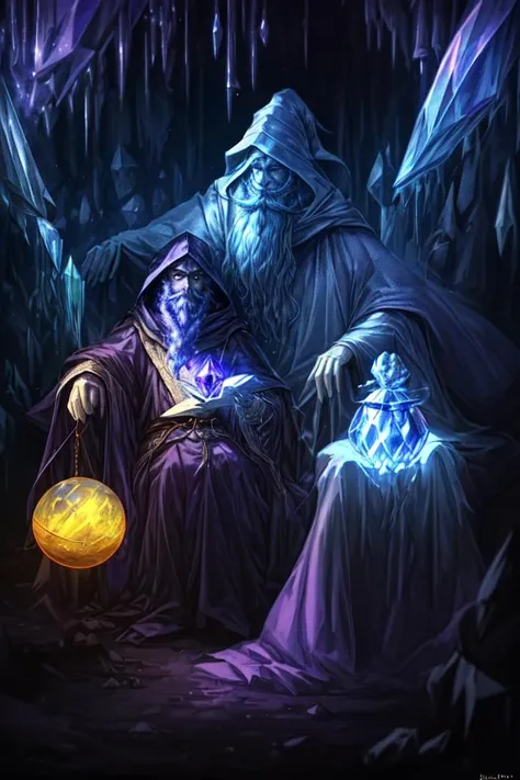 a great wizard pondering his orb , crystal orb, big weavy beard, magic hood, old wizard, HDR, vibrant