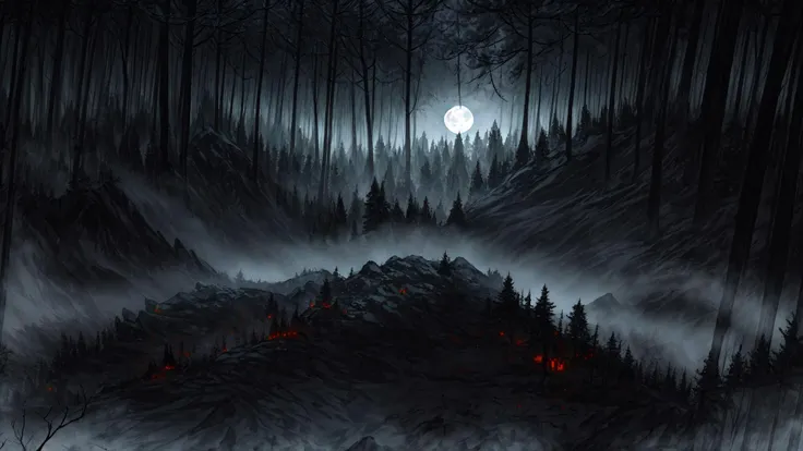 dark forest, very spooky, black gray and orange, moon over the hill, areal view