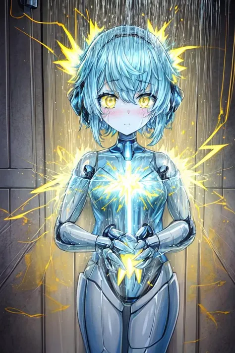 1girl, robot girl,
shower room, taking shower, water streams, shower head,
electricity sparks, bright yellow sparks, exploding