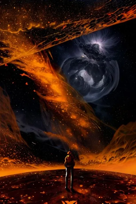 deep space, yellow autumn, gray nebula with orange stars, its halloween in space!,