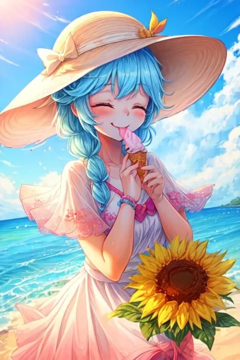wholesome, 1girl, sunhat, eating ice cream, happy smile, closed eyes